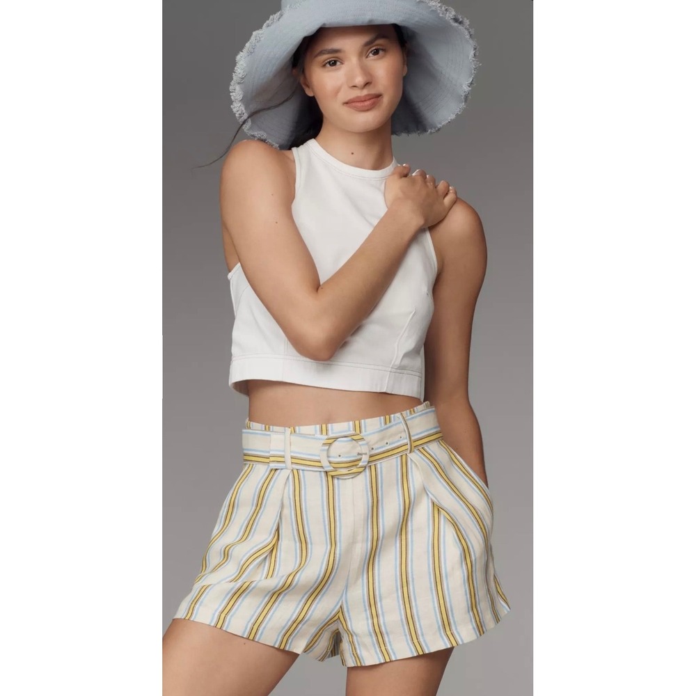 Anthropologie Maeve‎ Striped Linen Belted Shorts Blue Yellow Womens 8 NWOT
